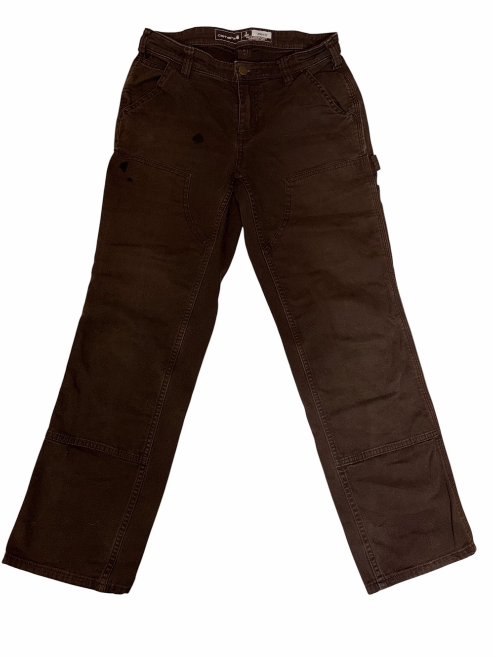 Carhartt Brown Rugged Flex Loose Fit Canvas Double Front Work Pants with Stains